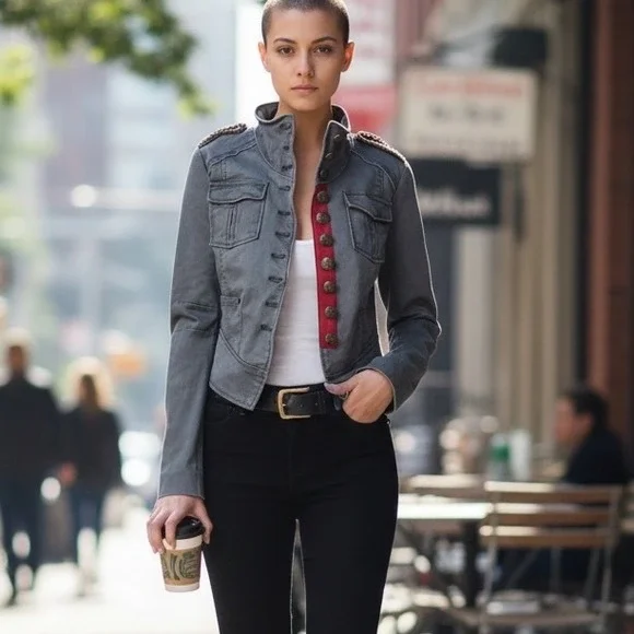 Free People Military Band Jacket Gray Cropped Blazer Epaulettes & Brass Buttons - Picture 1 of 12